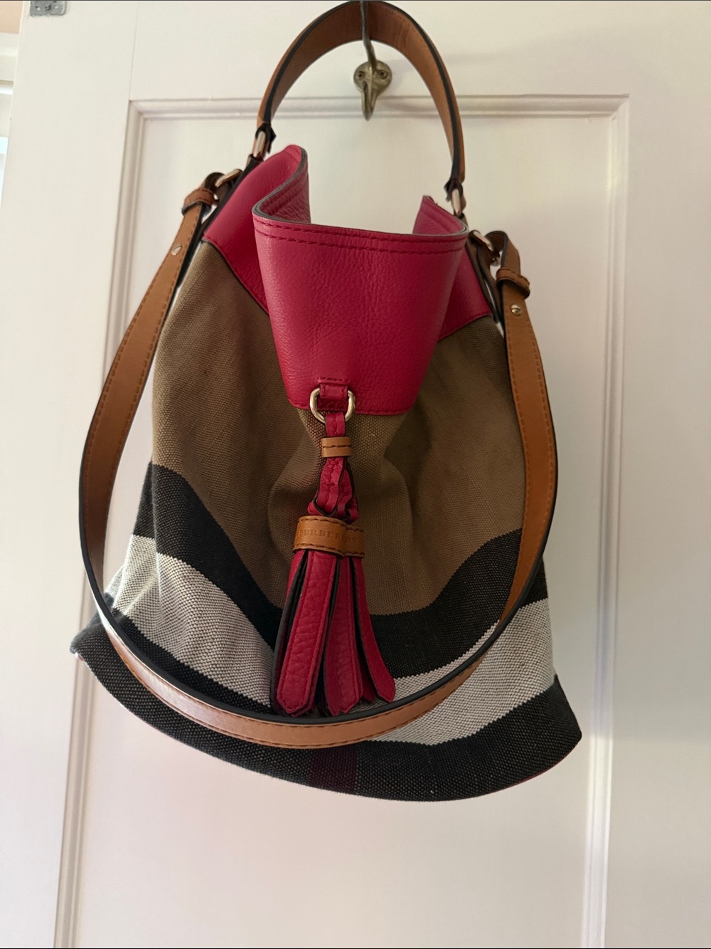 Burberry Pink Leather Trim Canvas Stripe Bucket Bag